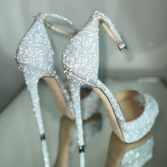 Jimmy Choo Max 150 Metallic Silver Glitter Fabric Platform Stiletto Sandals 37 - Picture 10 of 17